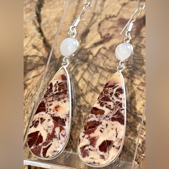 Coconut Jasper & Rainbow Moonstone Earrings 2 1/2” - Picture 3 of 14